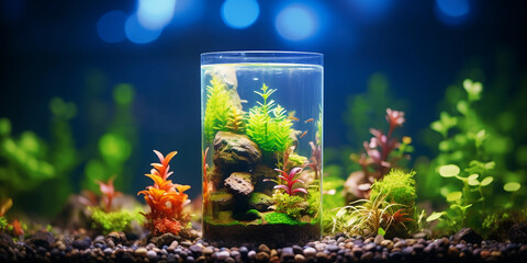 cylindrical saltwater aquarium, teeming with neon tetras, complete with aquatic plants and smooth pebbles