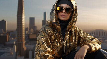 Fototapeta premium A woman in a gold jacket is sitting on a ledge with a city in the background. Generative AI.