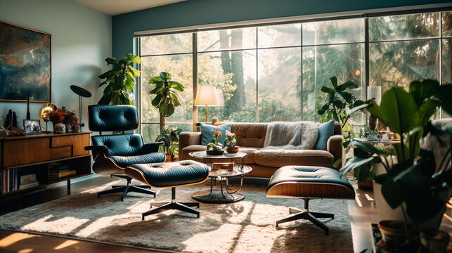 Mid - Century Modern Living Room, Eames Chair, Walnut Coffee Table, Teal Accents, Boho Rug, Large Potted Plants, Natural Sunlight Through Sheer Curtains