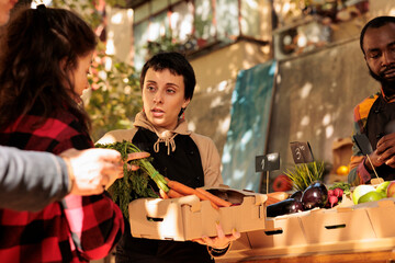 Young woman small business owner holding cardboard box full of fresh organic locally grown fruits...