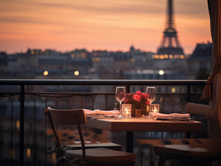 Rooftops in Paris with Eiffel Tower in the background, twilight setting, cafe tables and wine glasses subtly visible, romantic ambiance