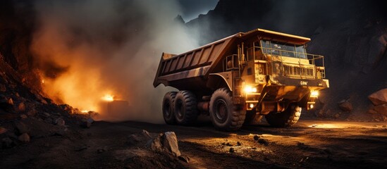 Large truck mining through open iron ore site