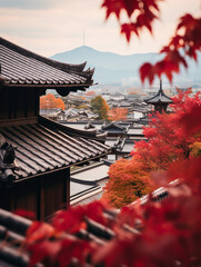 Traditional Japanese rooftops, Kyoto in autumn, red maple leaves, temples in the distance