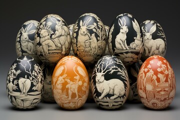 decorated eggs with rabbits. Generative AI