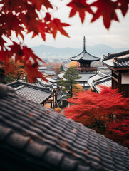 Traditional Japanese rooftops, Kyoto in autumn, red maple leaves, temples in the distance