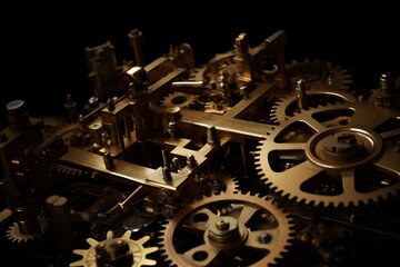 Industrial machinery with gold gears and cogs on a dark background. Generative AI