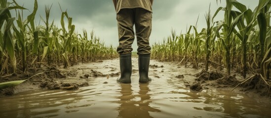 Farmer in flooded field with rubber boots and increasing crop failures due to torrential rain - obrazy, fototapety, plakaty