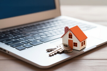 keys next to a miniature house on a laptop, The real estate market is just a click away: buy and sell properties from the comfort of your home. - obrazy, fototapety, plakaty