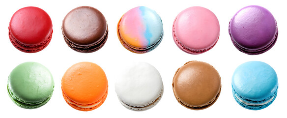 Macaroon Macaron, top view on transparent background cutout, PNG file. Many assorted different colours. Mockup template for artwork