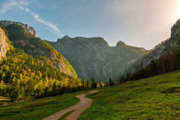 Fototapeta premium sunny landscape in the morning with a path to the mountains in southern Germany