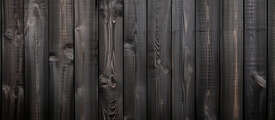 Gray wooden boards and panels create the background of a black painted house wall building and fence made of planks