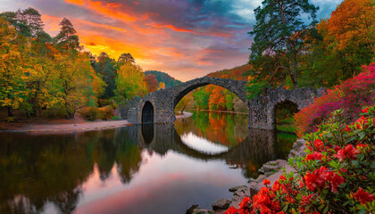 fantastic autumn landscape amazing sunset with colorful sky in azalea and rhododendron park kromlau rakotz bridge rakotzbrucke devil s bridge in kromlau saxony germany