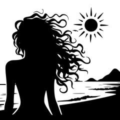 Vector icon on transparent background of a young woman on the beach