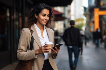 Young businesswoman walking street using smartphone