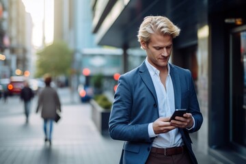 Businessman walking street using smartphone