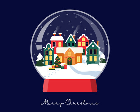 Snow ball with village street with  houses, Christmas trees and  snow  on blue background.  Vector design template  for Christmas and Happy New Year