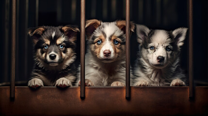 Some curious puppies in a dog shelter. Adorable puppies with eager paws and captivating looks. Portrait of dogs full of hope.