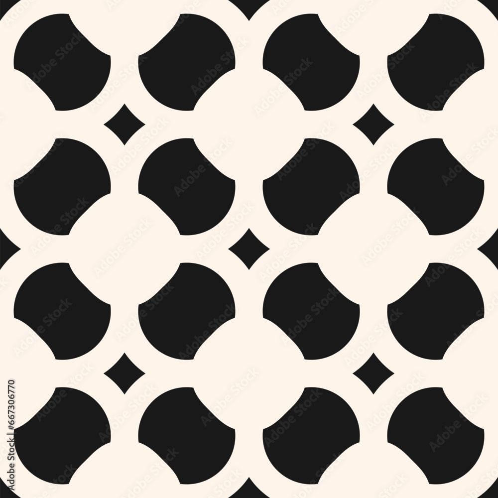 Wall mural Abstract seamless pattern vector design with geometric shapes: circles, squares and lattice. Simple black and white background texture for tile, repeat ornament and modern decorative concepts