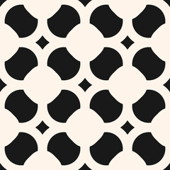 Abstract seamless pattern vector design with geometric shapes: circles, squares and lattice. Simple black and white background texture for tile, repeat ornament and modern decorative concepts
