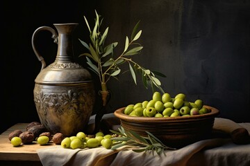 olive oil bottle, bowl of olives, jug of oil, wooden table, sprig. Generative AI