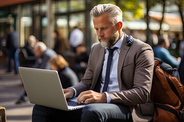 Mature man in suit and tie with backpack is working on laptop, finishing a project before a...