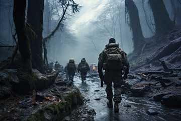 Sad, tired soldiers in full uniform, with weapons and backpacks wander along a path in a rainy, slushy winter forest - obrazy, fototapety, plakaty