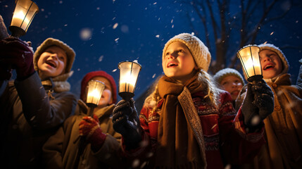 People, children and adults of different ethnicity and culture, singing christmas carols by night with candle in their hands 