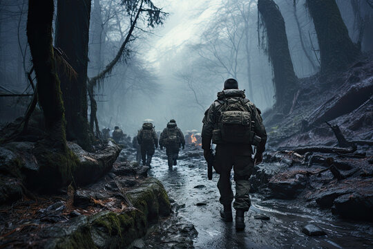 Sad, tired soldiers in full uniform, with weapons and backpacks wander along a path in a rainy, slushy winter forest