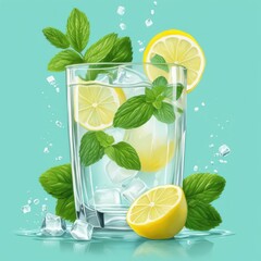Homemade refreshing lemonade with lemon slice, mint leaves and ice cubes in a glass on a blue color background