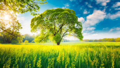 spectacular meadow with big tree fresh green leaves