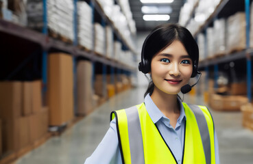 asian female supervisor worker in a warehouse on the isle between boxes wearing a yellow  vest and a headset