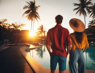 couple in holiday standing by the luxury hotel pool at sunset, tropical getaway - obrazy, fototapety, plakaty