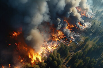Forest fire in progress. Fire. Large flames. a threat to our environment. Aerial view of massive wildfire or forest fire with burning trees and orange smoke. Generative AI.