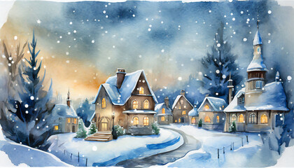 magic watercolor winter town
