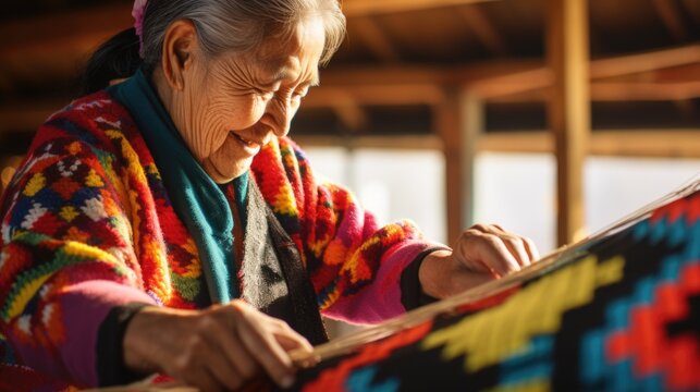 A native elderly woman is weaving a colorful blanket, AI - Powered by Adobe