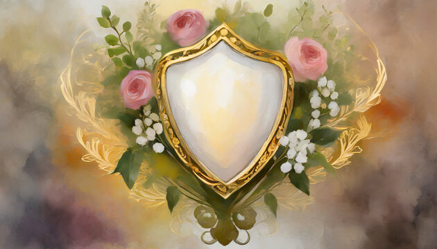 an oil painting of enchanted crest elegant sentiments an oil painting capturing the watercolor wedding crest surrounded by enchanting elements generative ai digital illustration
