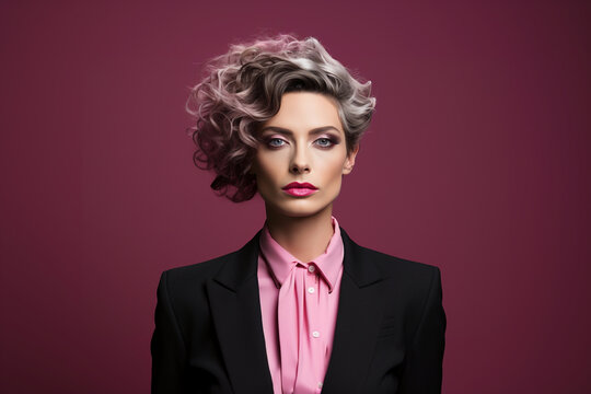 Unique pride gay embracing identity LGBTQ style concept. Non-binary young stylish transgender woman with serious view with a confident attitude pink suit on pink background place for text copy paste