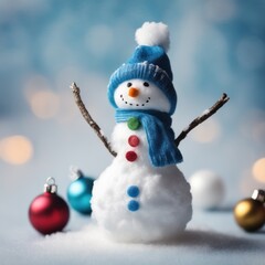Cute snowman wearing blue scarf on a snowy area and bokeh light background