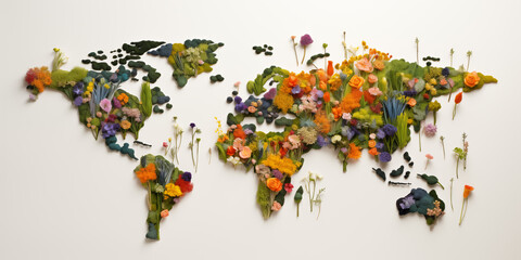 An Earth Map Composed of Vibrant Foliage, Green Moss, Colorful Flowers, and Leaves on a White Background, Representing Environmental Sustainability