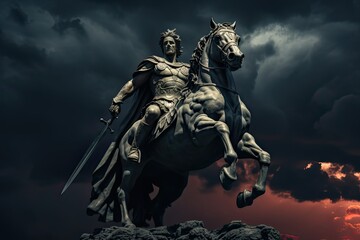 Alexander The Great statue with his horse before storm