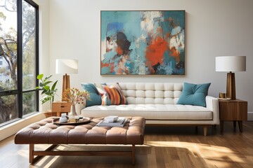 Wooden Coffee Table, White Fabric Sofa, Ottoman Chair, Large Art Poster Frame, Home Interior Design, Classic and Contemporary Blend, Past and Present Aesthetics - Mid-Century Modern Living Room