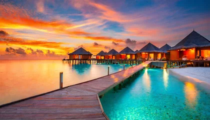 Poster amazing sunset panorama at maldives luxury resort villas seascape with soft led lights under colorful sky beautiful twilight sky and colorful clouds beautiful beach background for vacation holiday © Marsha