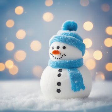 Cute snowman wearing blue scarf on a snowy area and bokeh light background