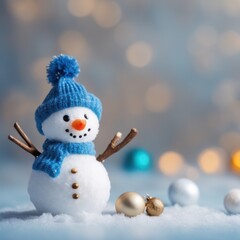 Obraz premium Cute snowman wearing blue scarf on a snowy area and bokeh light background
