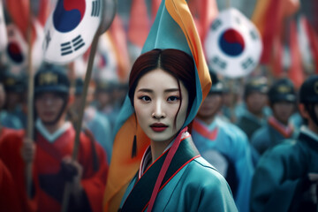 National Liberation Day of Korea. Celebration of Japan's defeat in World War II and the end of colonial rule in Korea.happy celebration, Girl in kimono, Korean , public Nation holiday,