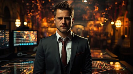 Fototapeta premium Handsome male news anchor in a classic suit in the studio