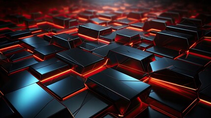 Obraz premium Dark abstract background of hexagonal cells and squares with a futuristic hi-tech energy glow