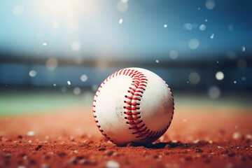 A baseball awaits the bat's impact on a field. Baseball in close-up from a timeless sports narrative. Baseball sewn in familiar pattern. - obrazy, fototapety, plakaty