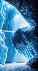 ice cave in winter, with stunning blue hues and bright sunlight. Ideal for travel and adventure promotions.