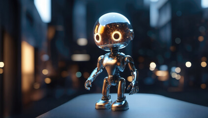 A cute silver metallic robot with big eyes, set against a cityscape bokeh background..